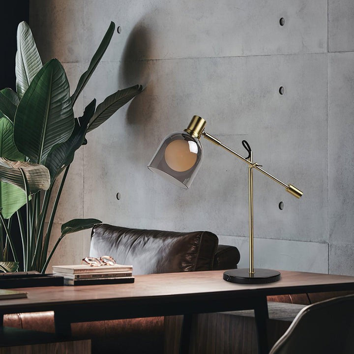 Adjustable Black Marble & Metal Table Lamp with Smoked Glass Shade