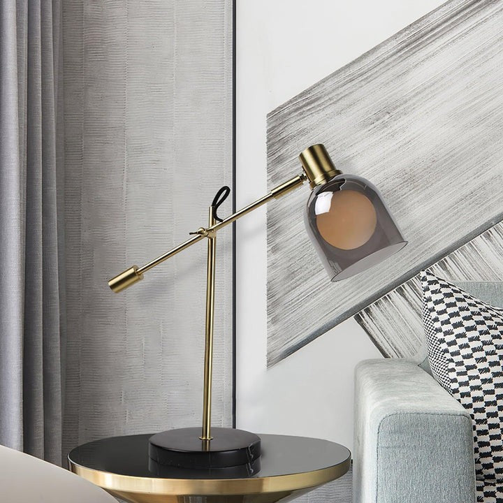 Adjustable Black Marble & Metal Table Lamp with Smoked Glass Shade