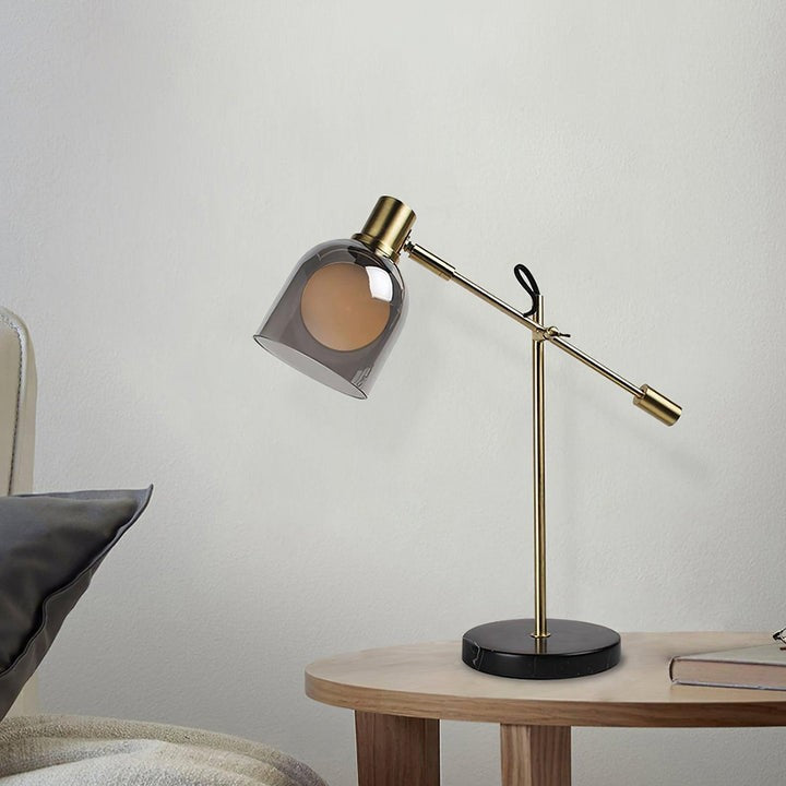 Adjustable Black Marble & Metal Table Lamp with Smoked Glass Shade