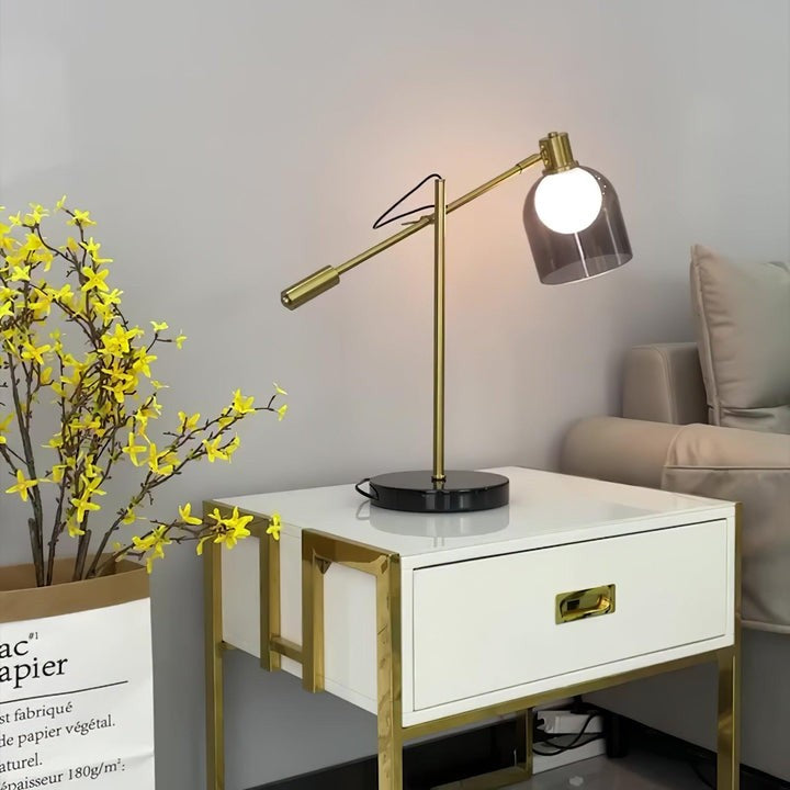 Adjustable Black Marble & Metal Table Lamp with Smoked Glass Shade