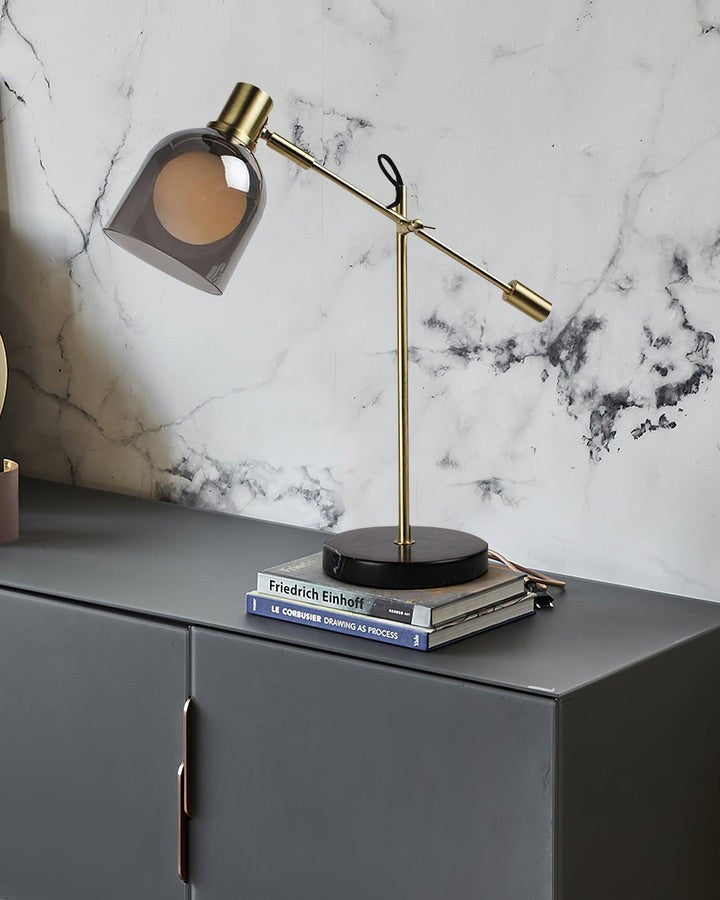 Adjustable Black Marble & Metal Table Lamp with Smoked Glass Shade