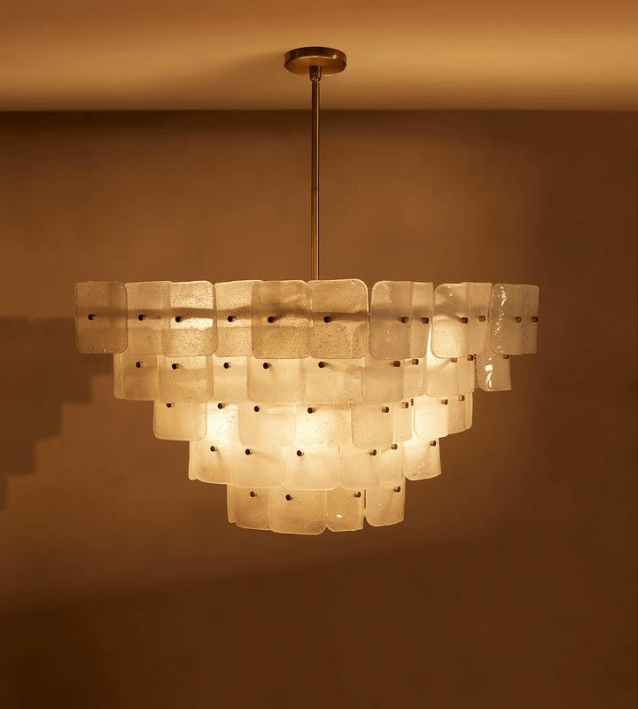 Adjustable Tiered Frosted Glass Chandelier with Brass Frame