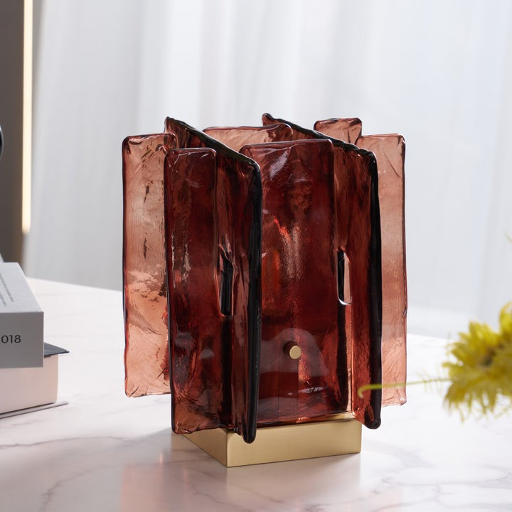 Amber Glass Block Table Lamp with Brass Base