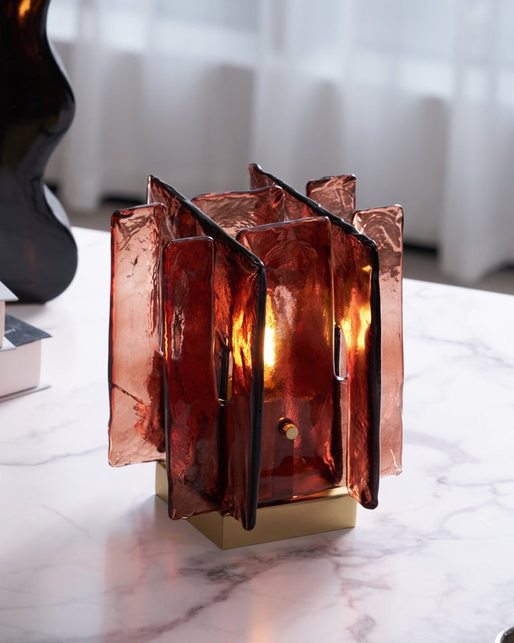 Amber Glass Block Table Lamp with Brass Base
