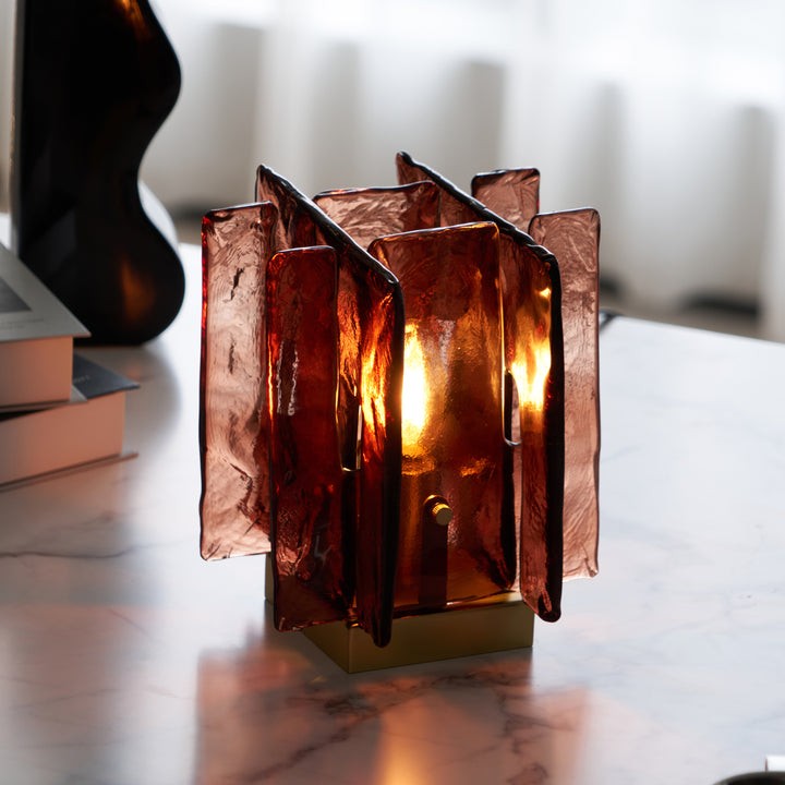 Amber Glass Block Table Lamp with Brass Base
