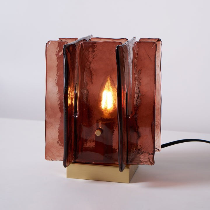 Amber Glass Block Table Lamp with Brass Base
