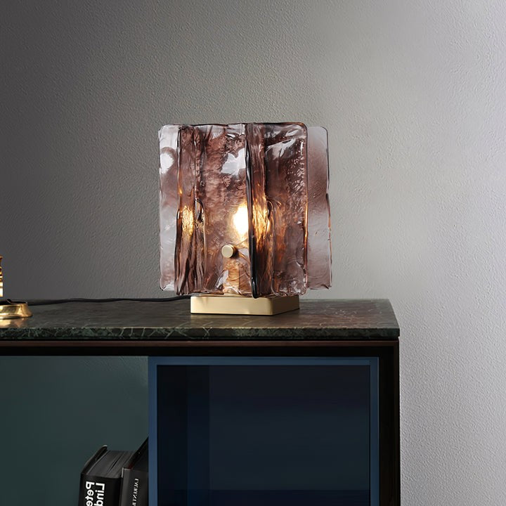 Amber Glass Block Table Lamp with Brass Base