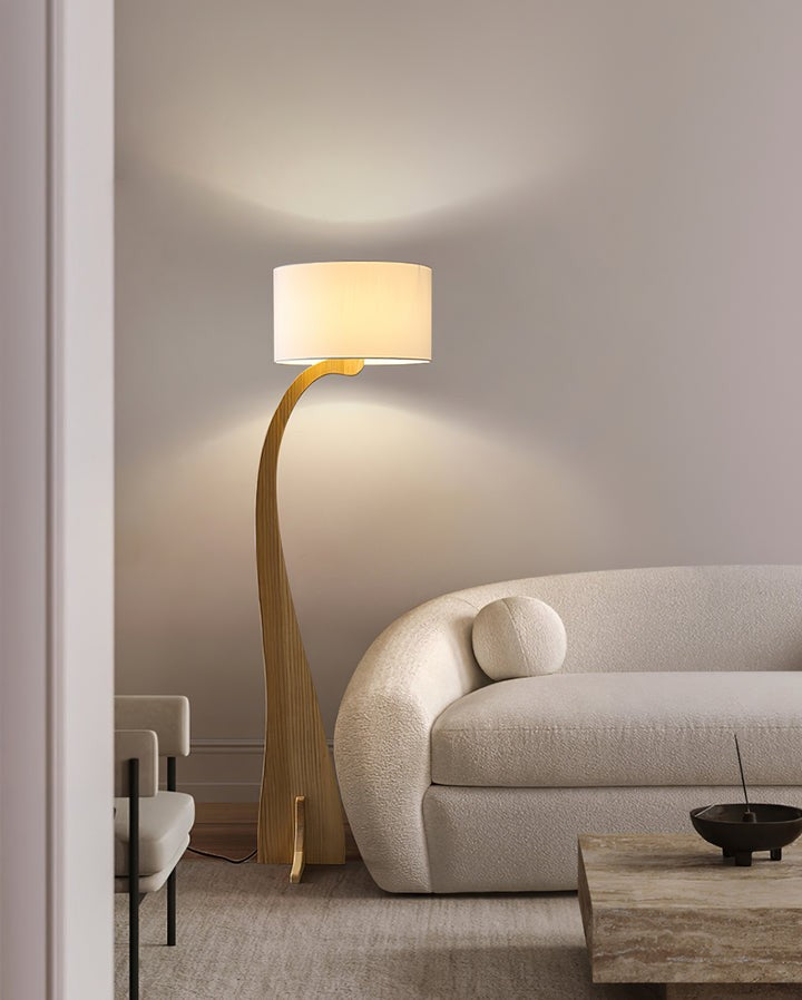 Arched Wooden Floor Lamp with Fabric Shade
