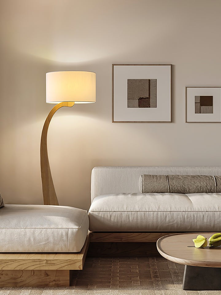 Arched Wooden Floor Lamp with Fabric Shade