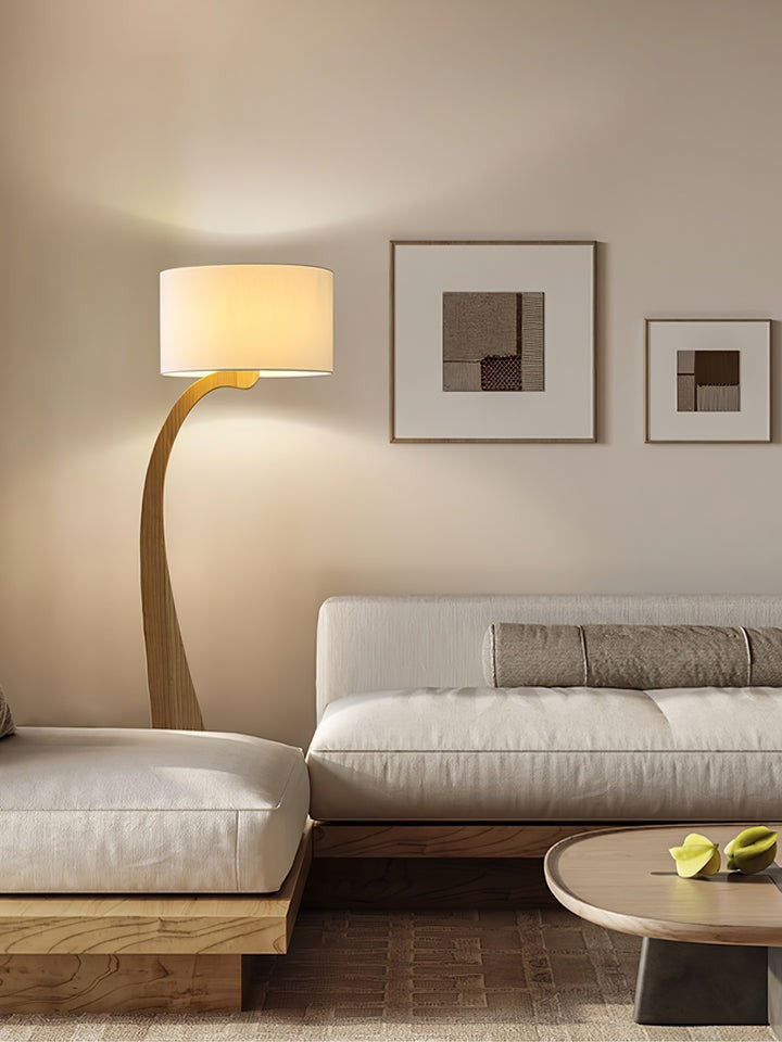 Arched Wooden Floor Lamp with Fabric Shade