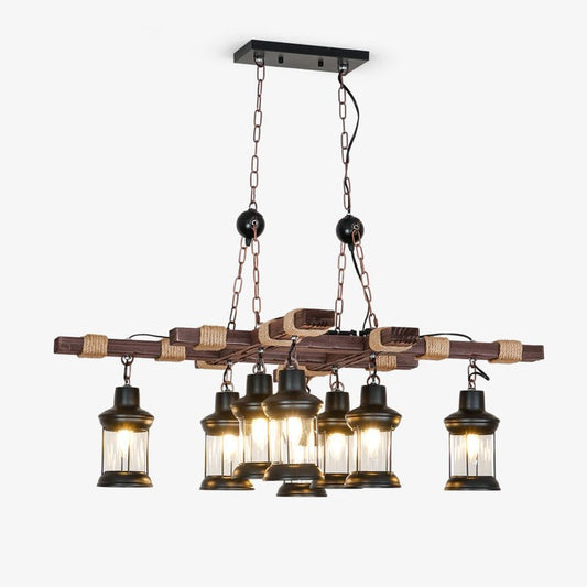 Artisanal 8-Light Wood & Glass Retro Chandelier