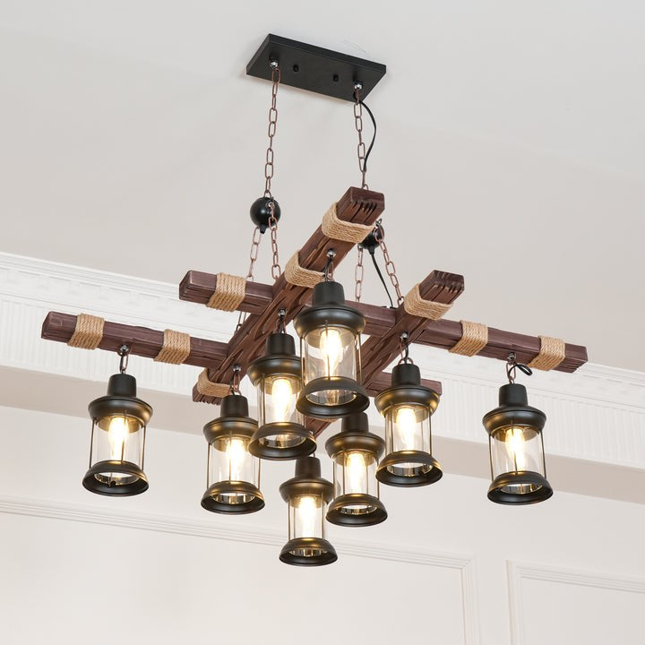Artisanal 8-Light Wood & Glass Retro Chandelier
