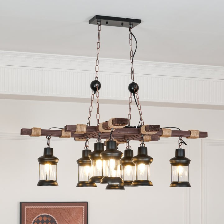 Artisanal 8-Light Wood & Glass Retro Chandelier