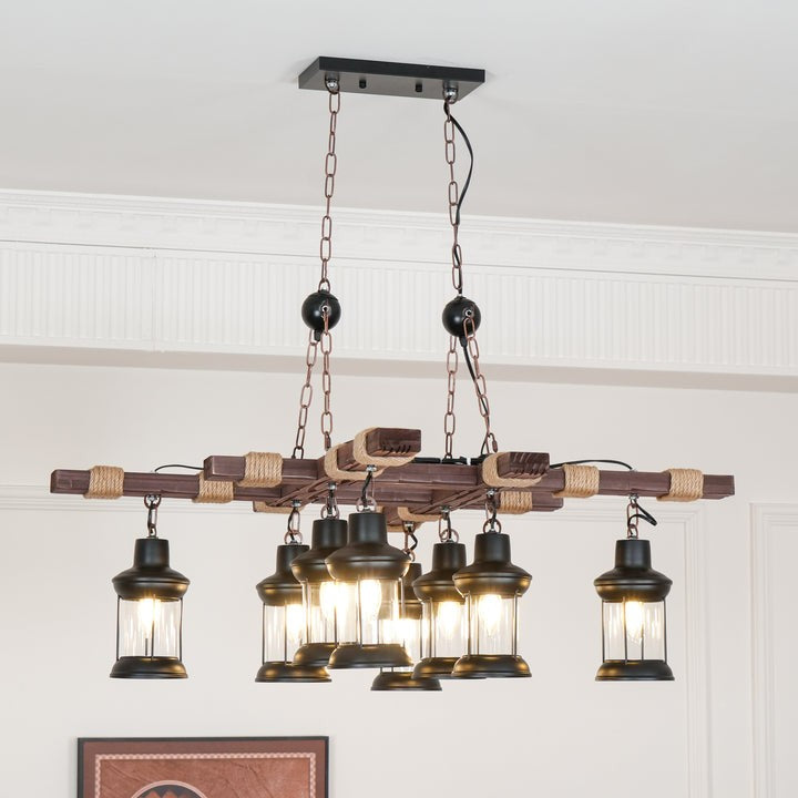 Artisanal 8-Light Wood & Glass Retro Chandelier