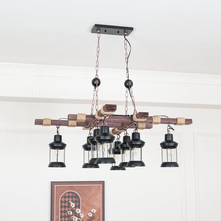 Artisanal 8-Light Wood & Glass Retro Chandelier