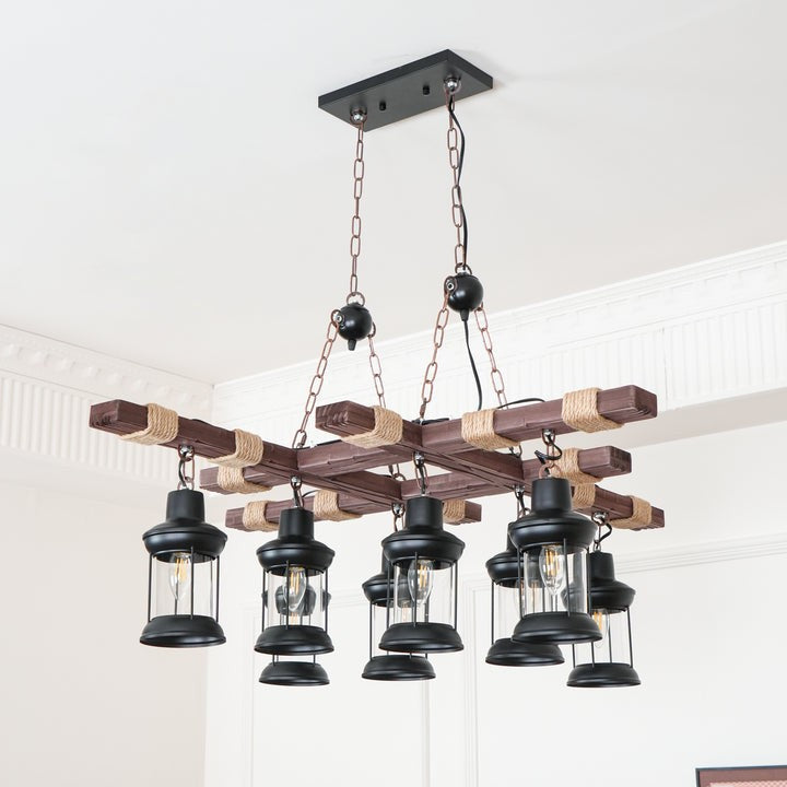 Artisanal 8-Light Wood & Glass Retro Chandelier