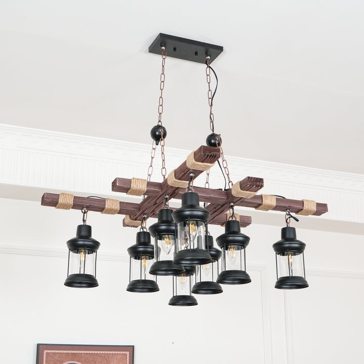 Artisanal 8-Light Wood & Glass Retro Chandelier