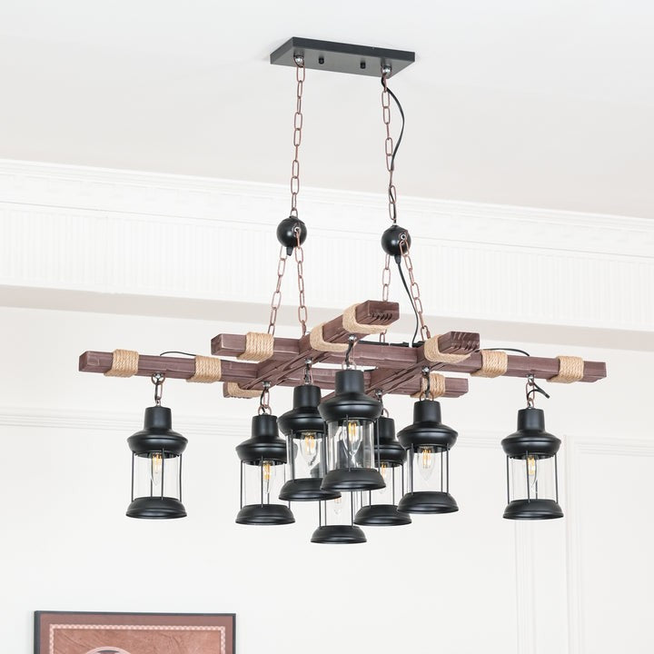 Artisanal 8-Light Wood & Glass Retro Chandelier