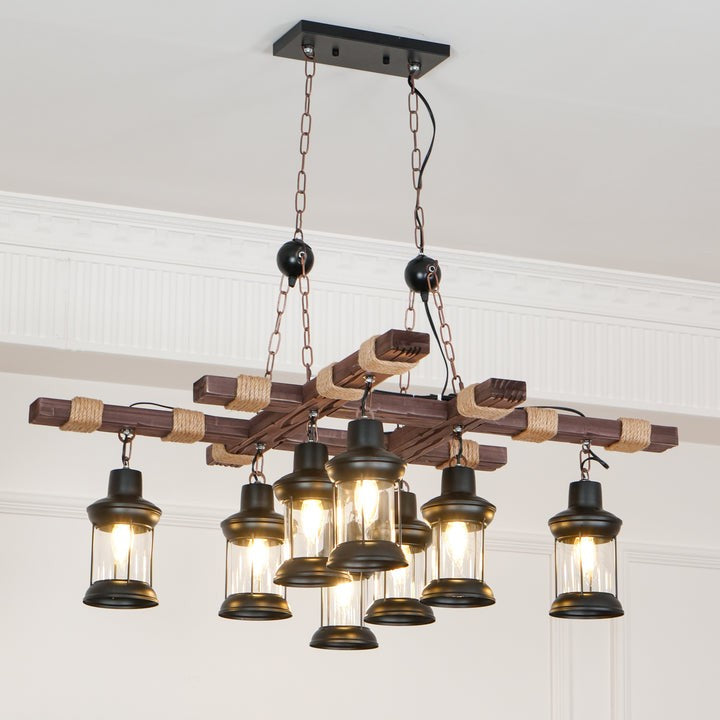 Artisanal 8-Light Wood & Glass Retro Chandelier