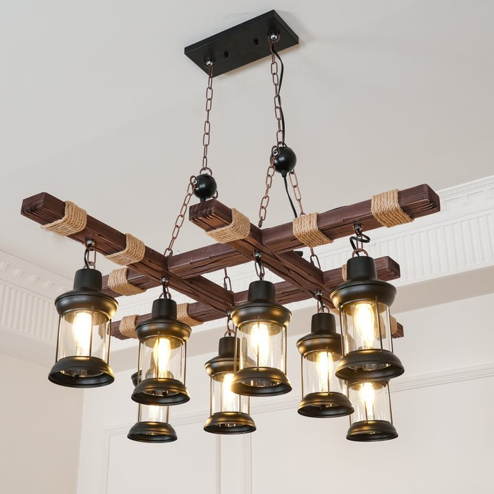 Artisanal 8-Light Wood & Glass Retro Chandelier