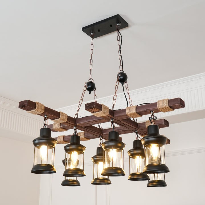 Artisanal 8-Light Wood & Glass Retro Chandelier