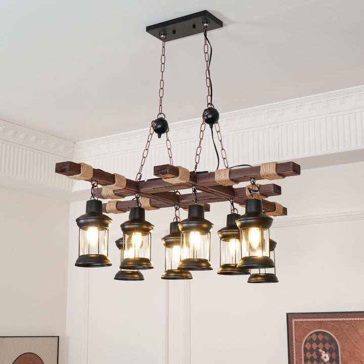 Artisanal 8-Light Wood & Glass Retro Chandelier