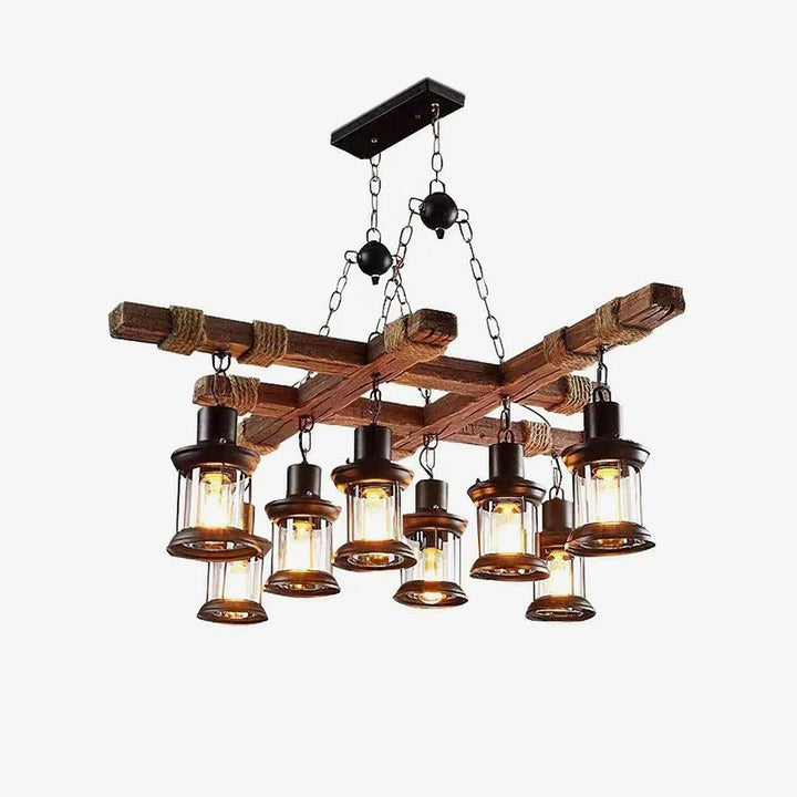 Artisanal 8-Light Wood & Glass Retro Chandelier