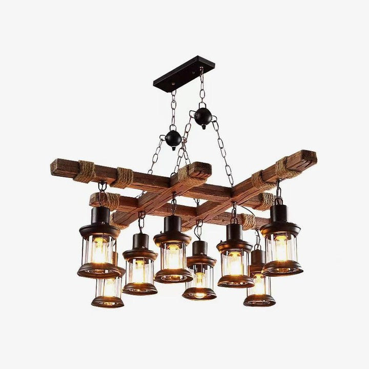 Artisanal 8-Light Wood & Glass Retro Chandelier