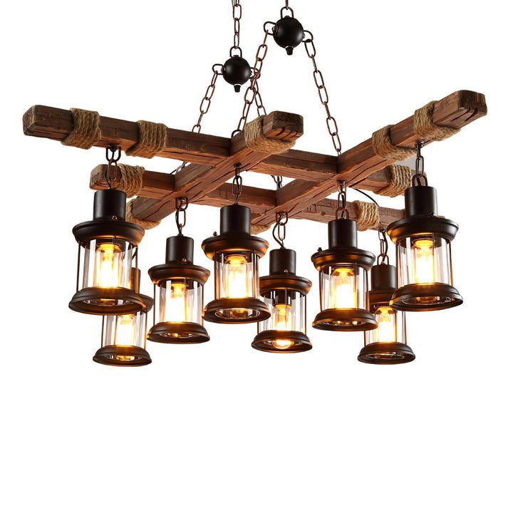 Artisanal 8-Light Wood & Glass Retro Chandelier