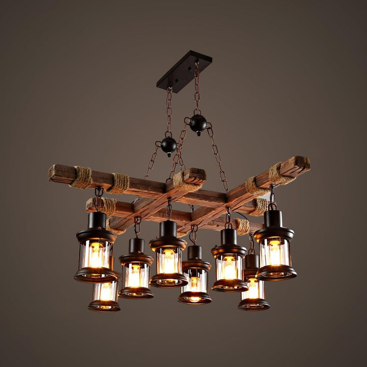 Artisanal 8-Light Wood & Glass Retro Chandelier