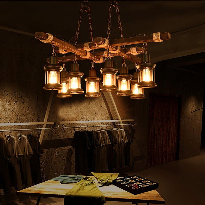 Artisanal 8-Light Wood & Glass Retro Chandelier