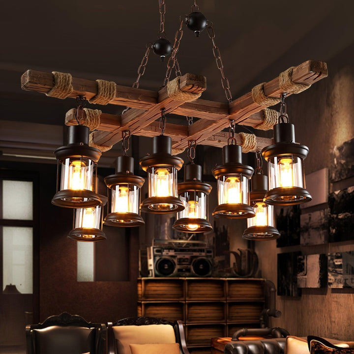 Artisanal 8-Light Wood & Glass Retro Chandelier