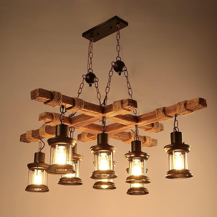 Artisanal 8-Light Wood & Glass Retro Chandelier
