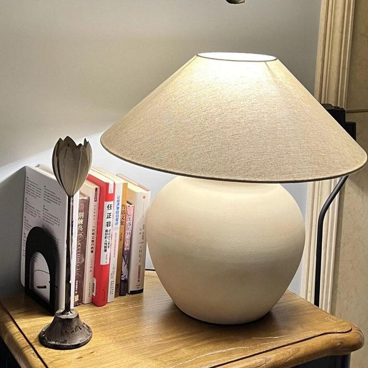 Beige Striated Ceramic Table Lamp with White Linen Shade