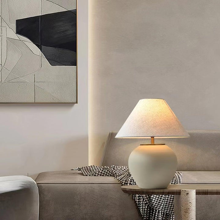 Beige Striated Ceramic Table Lamp with White Linen Shade