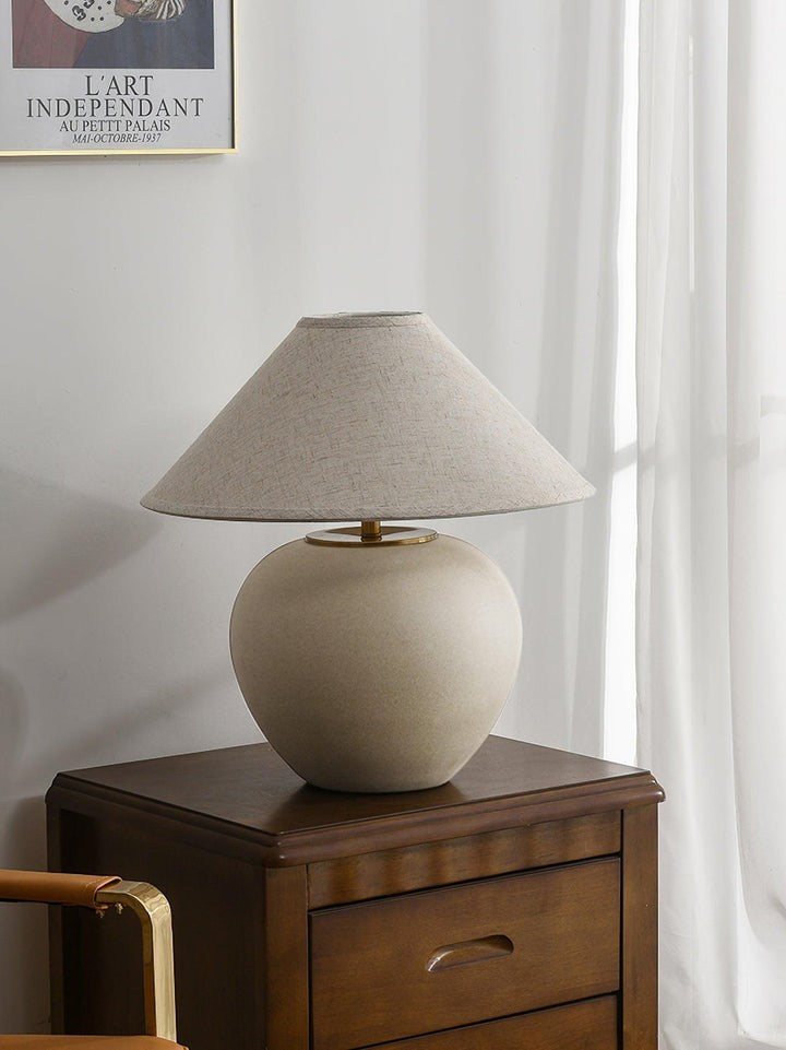 Beige Striated Ceramic Table Lamp with White Linen Shade