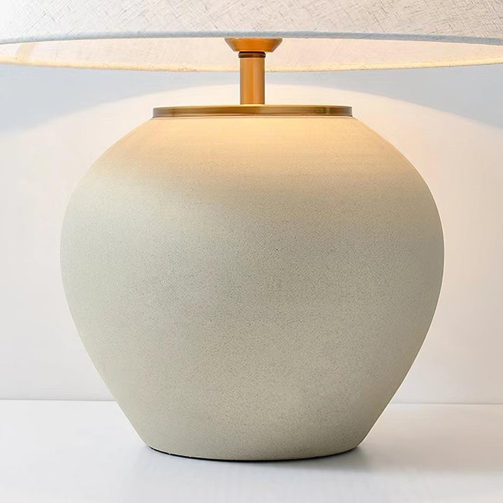 Beige Striated Ceramic Table Lamp with White Linen Shade