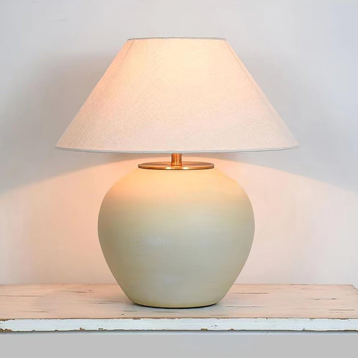 Beige Striated Ceramic Table Lamp with White Linen Shade