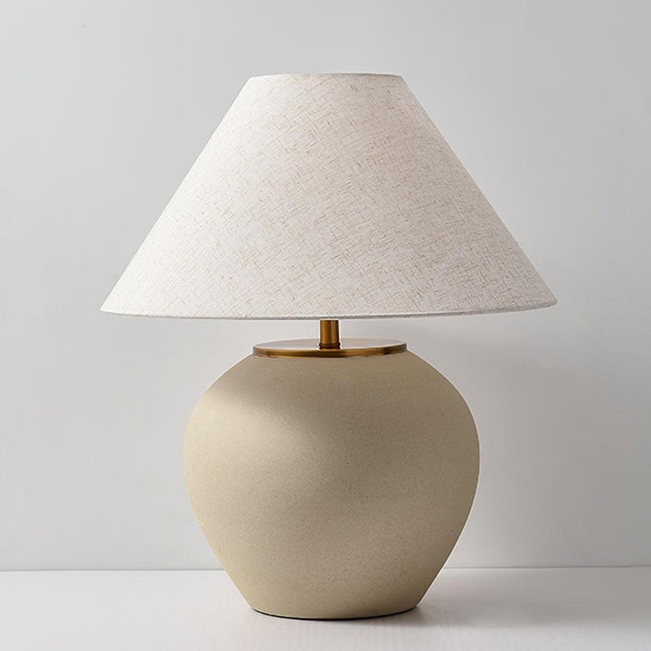 Beige Striated Ceramic Table Lamp with White Linen Shade