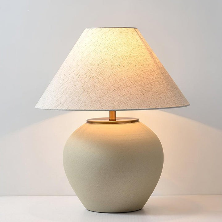 Beige Striated Ceramic Table Lamp with White Linen Shade