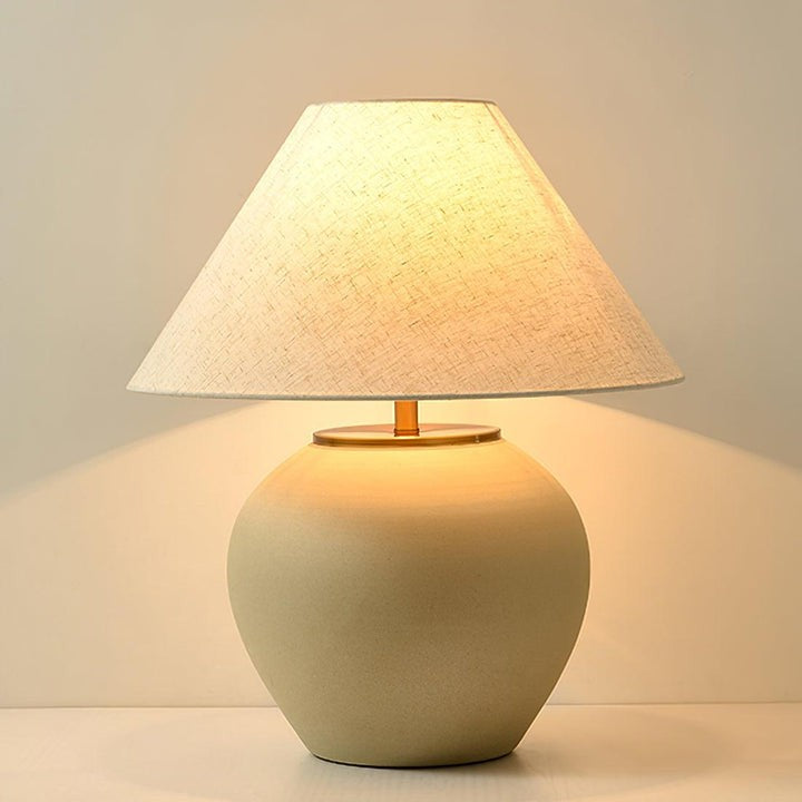 Beige Striated Ceramic Table Lamp with White Linen Shade