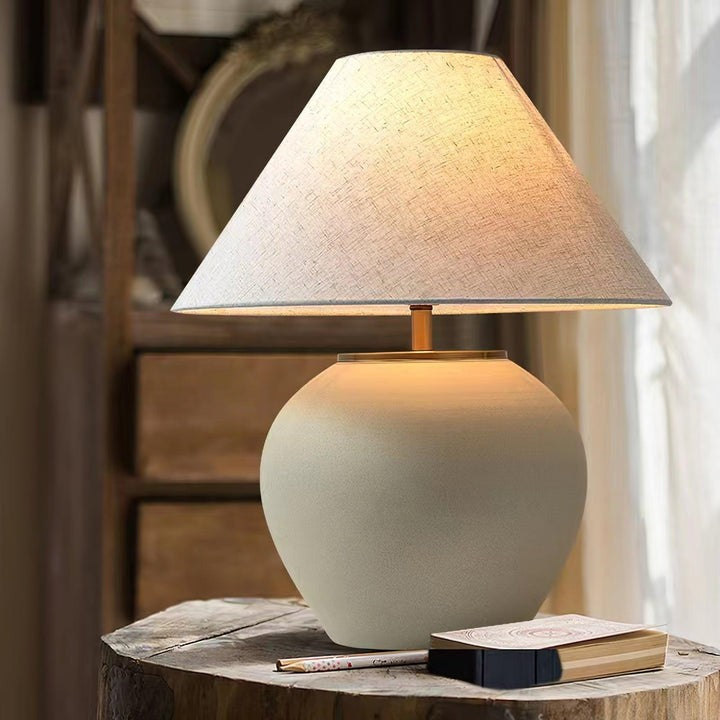 Beige Striated Ceramic Table Lamp with White Linen Shade
