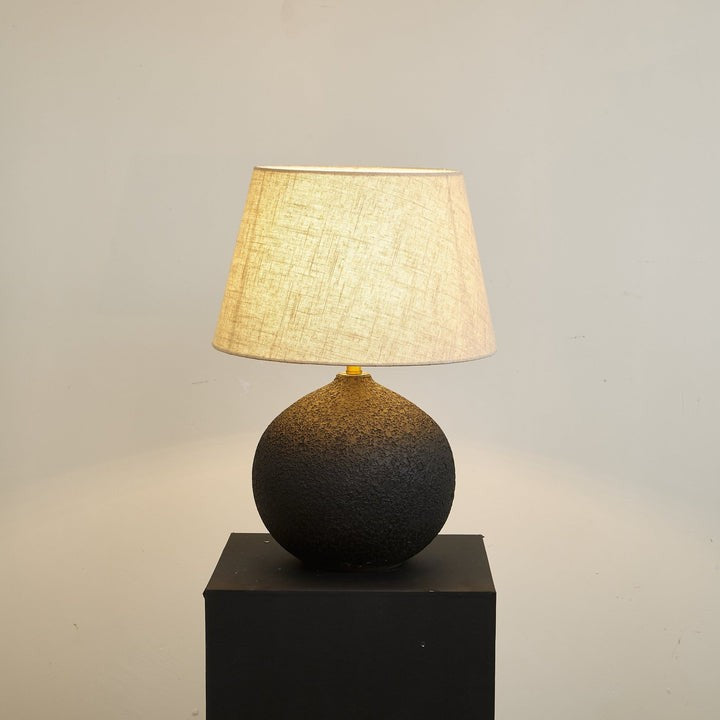 Black Textured Ceramic Table Lamp with Beige Linen Shade