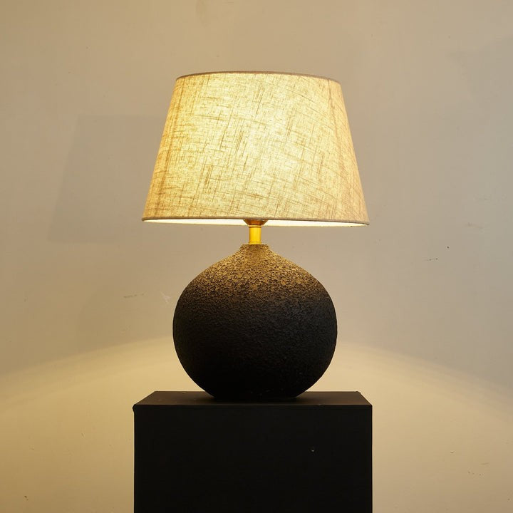 Black Textured Ceramic Table Lamp with Beige Linen Shade