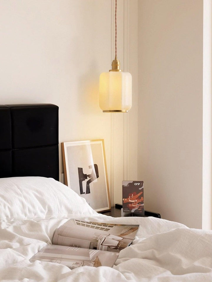 Brass Funnel Pendant Light with White Glass Shade