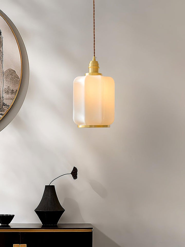 Brass Funnel Pendant Light with White Glass Shade