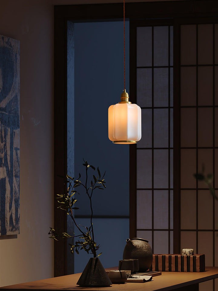 Brass Funnel Pendant Light with White Glass Shade