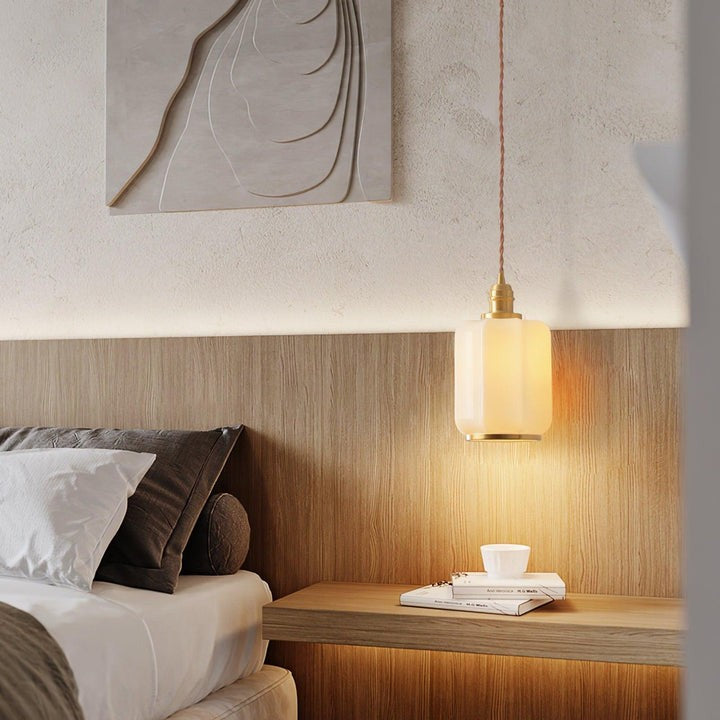 Brass Funnel Pendant Light with White Glass Shade