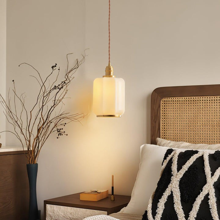 Brass Funnel Pendant Light with White Glass Shade