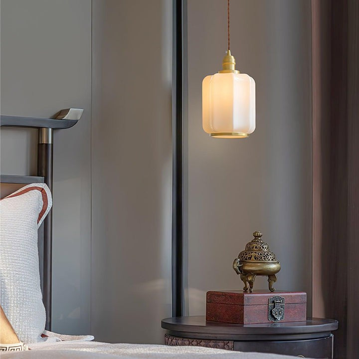 Brass Funnel Pendant Light with White Glass Shade
